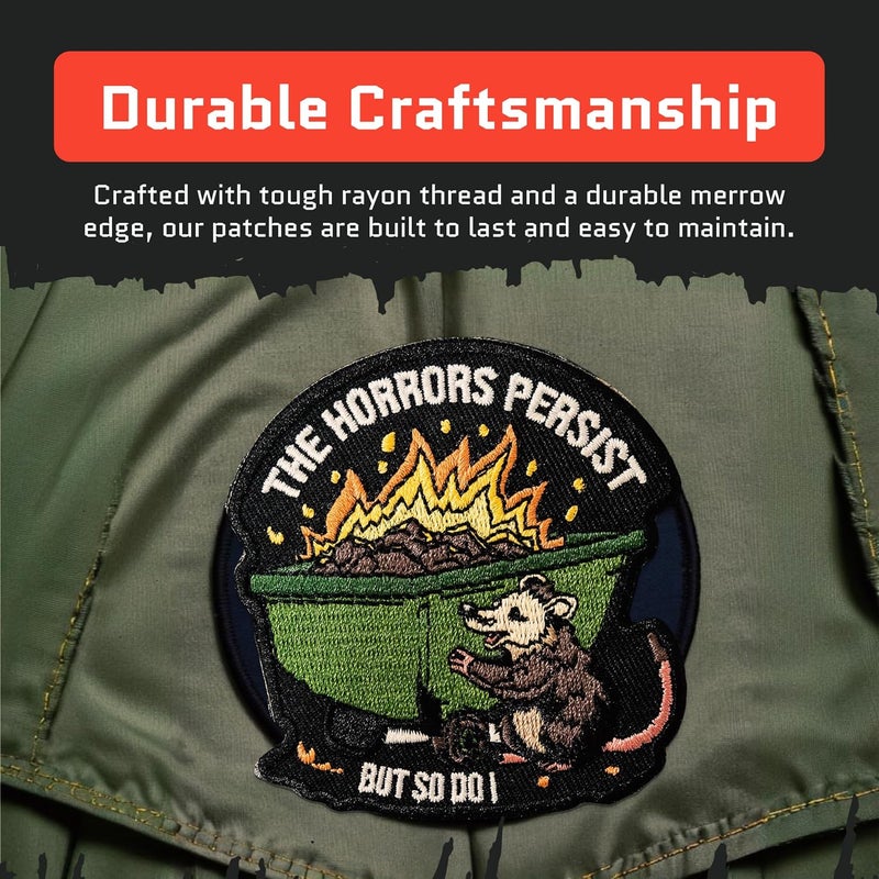 Jestik The Horrors Persist But So Do I Embroidery Patch - Funny Animals Embroidered Patches, Military Tactical Morale Patch with Hook & Loop Fastener, Cute Patches for Backpacks, Jeans, Jackets, Vests & More - Image 4